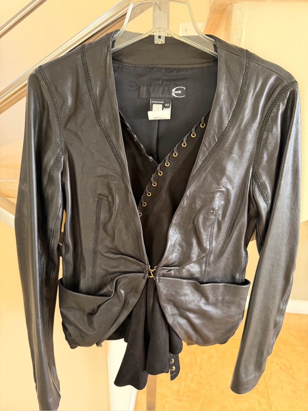 Vintage Roberto Cavalli Black Leather Twist-Front Jacket with Gold Accents